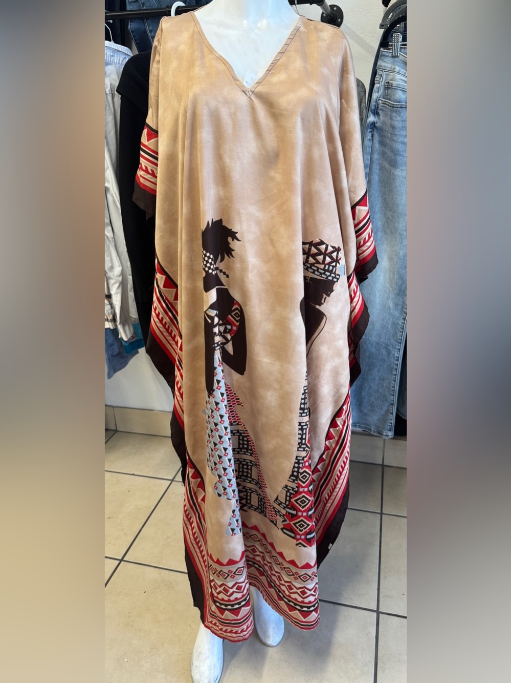 Beige Maxi Caftan Dress with Red Ethnic Motif